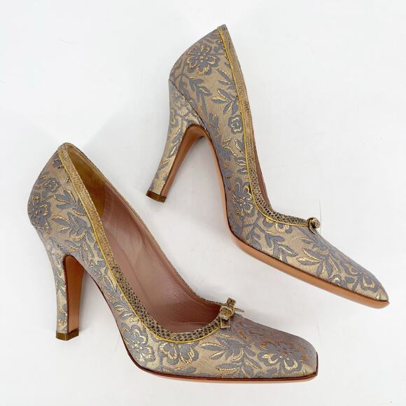 Prada Vintage Gold Floral Brocade Snakeskin Trim Bow Square Toe Heel IT 36.5 - Picture 4 of 11
